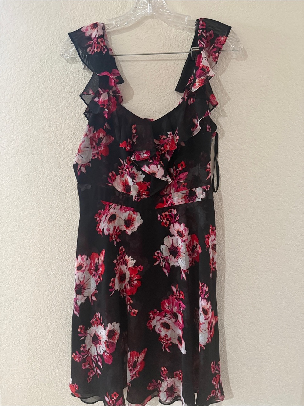 White House Black Market Black Floral Ruffle Mini Dress